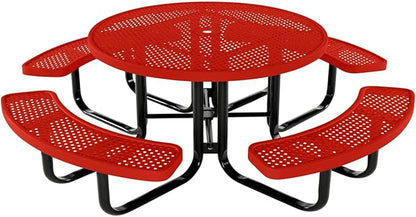 COATEDOUTDOORFURNITURE Heavy-Duty Portable Outdoor Kids Table with Umbrella Hole, Punched Steel Kids Picnic Table, Commercial-Grade, Made in America (46 in, Round, Childrens, Red)