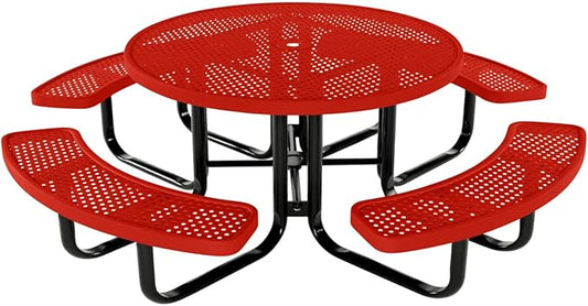 COATEDOUTDOORFURNITURE Heavy-Duty Portable Outdoor Kids Table with Umbrella Hole, Punched Steel Kids Picnic Table, Commercial-Grade, Made in America (46 in, Round, Childrens, Red)