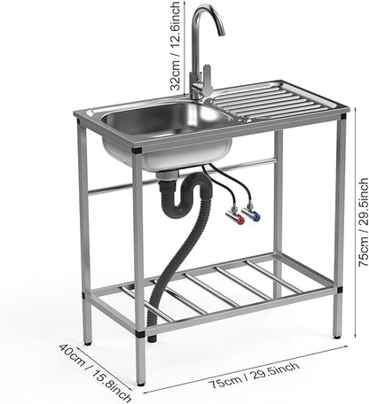 Stainless Steel Utility Sink with Cabinet, Outdoor Sinks Station for Patio & Camping, Kitchen and Cabinet Combo Stainless Steel