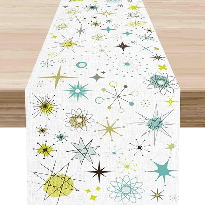 Mid Century Table Runner, Retro 1950s Atomic Pattern Modern Abstract Geometric Coffee Table Center Decor for Home Kitchen Dining Patio Holiday Party Indoor Outdoor Table Decorations, 13"x108" Inch