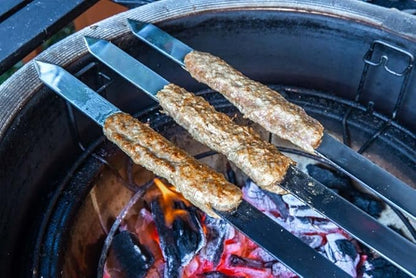 1” Wide Flat Cast Iron Skewers (Set of 5) – Heavy-Duty BBQ Sticks in 22”, 27”, 32” – Koobideh, Tandoori, Kebab Grilling – With Storage Bag – By India’s BBQ (32 inches)