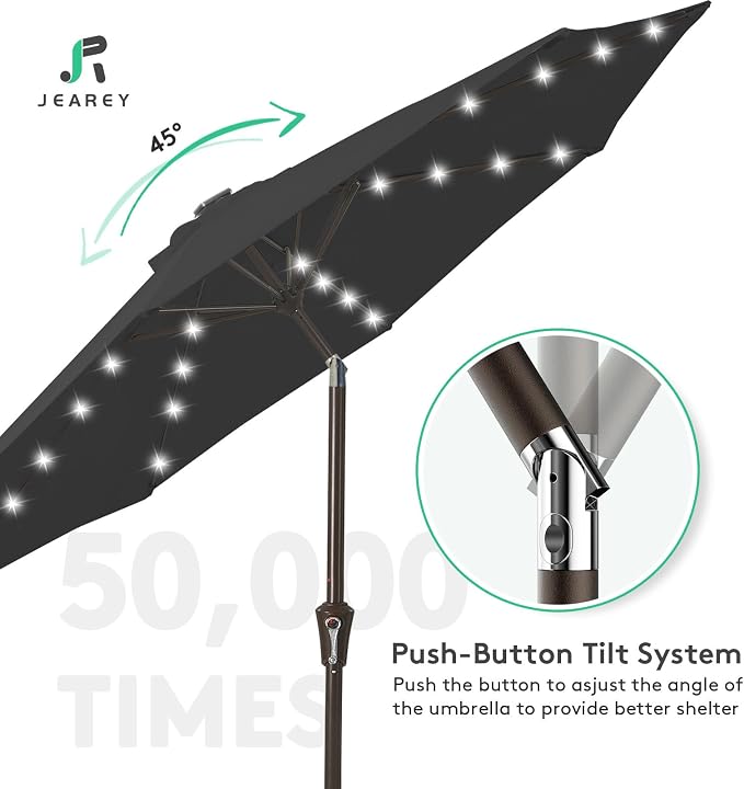 JEAREY 9' Patio Umbrella with Solar Lights, LED Umbrella, Jet Black | Outdoor - Image 8
