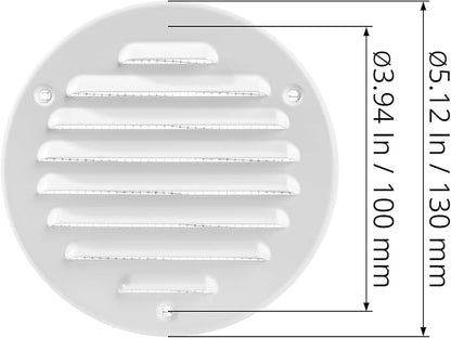 Square Ventilation Grille / 5" Inch Inside Measurement/White Metal Air Vent Louver - Inside/Outside use/Ø 5.25" Inch Outer Measurement