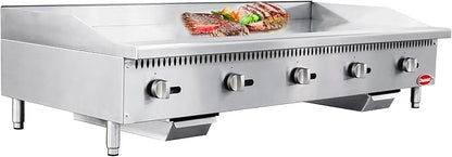 60" Commercial Countertop Griddle, 5 Burners Gas Griddle, 150000 BTU Output, Stainless Steel Flat Top Grill Hot Plate with Natural Gas and Propane Conversion Kit for Restaurant, Food Truck