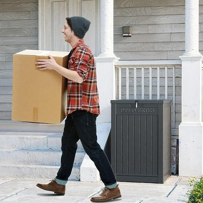 DRATO 48 Gallon Package Delivery Box, Large Lockable Storage Box, Double-Wall Resin Outdoor Package Delivery and Waterproof Deck Box for Porch, Patios（Black，48 Gallon）