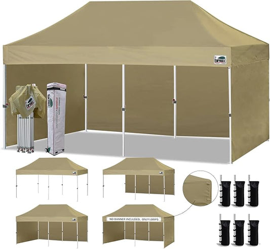 Eurmax USA 10'x20' Pop-up Canopy Tent Commercial Instant Canopies with 4 Removable Zipper End Side Walls and Roller Bag, Bonus 6 SandBags(Khaki)