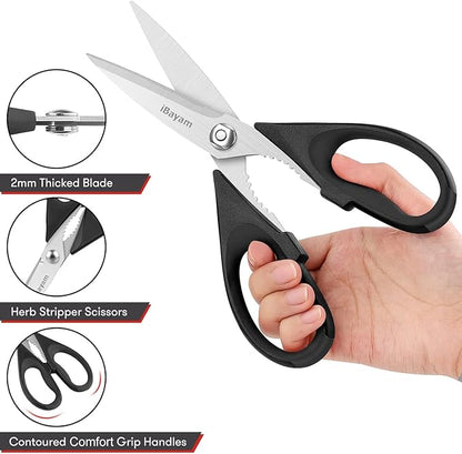 Kitchen Shears, iBayam Kitchen Scissors All Purpose Heavy Duty Meat Poultry Shears, Dishwasher Safe Food Cooking Stainless Steel Utility Scissors, Home Apartment Essentials, 2-Pack, Black, Aqua Sky