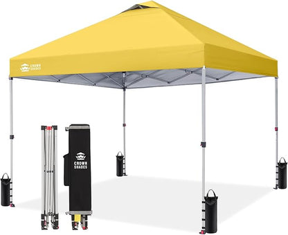 Crown Shades 10x10 Pop Up Canopy - Beach Tent with One Push Setup - Outdoor Sun Shade for Events, Parties, Camping - Gazebo with STO-N-Go Cover Bag, Silver Coated Top, 3 Height& 4 Sand Bags, Yellow