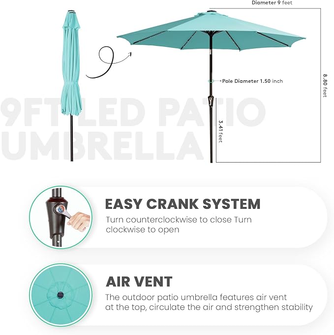 JEAREY 9' Patio Umbrella with Solar Lights, LED Umbrella, Teal | Outdoor Table - Image 8