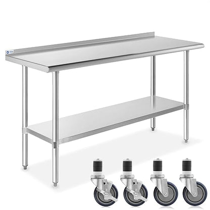 GRIDMANN Stainless Steel Table 60 in. x 24 in., NSF Commercial Kitchen Prep & Work Table w/Backsplash and Wheels