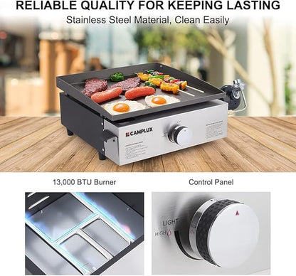 Camplux Propane Gas Grill,Flat Top Grill Station for Kitchen,Camping,Outdoor,Tabletop -Stainless Steel BBQ Griddle with Knobs & Ignition,17inch
