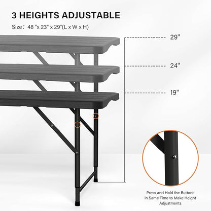 VINGLI 4 FT Plastic Folding Camping Table,3-Level Adjustable Height, Portable in/Outdoor Party Picnic Dining Desk,Off-White Garden Soccer Multipurpose Entertaining Activities, Black