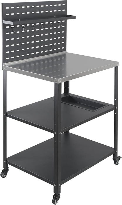 Three-Tier Grill Cart with Hanging Plate,Grill Table with 2 Locking Casters for Patio and Backyard,Stainless Steel Pizza Oven Stand Table,Black