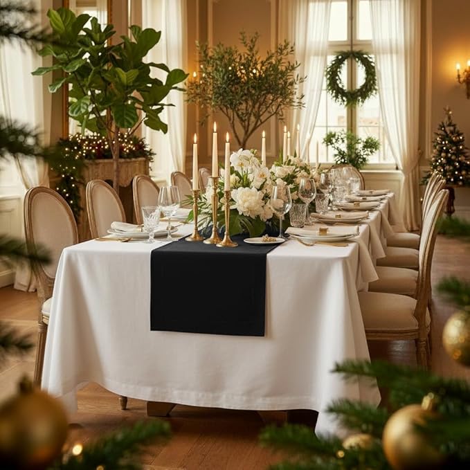D'Moksha Homes Linen Black Table Runner 120 Inches Long - 100% Pure Linen Dining Table Runner 14 x 120 Inch for Winter, Holiday - Machine Washable