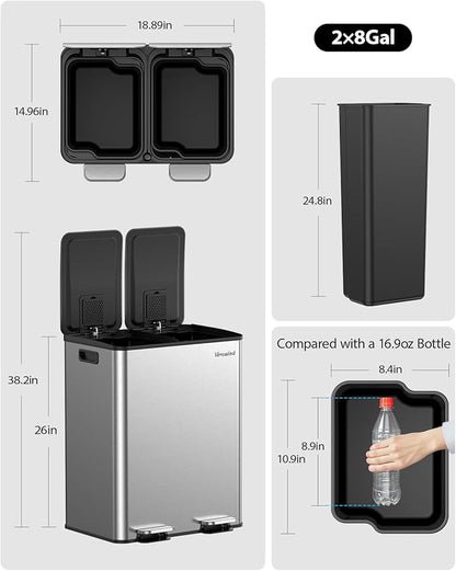 Lovewind Kitchen Trash Can, 2 x 8 Gallon (2 x 30 L) Stainless Steel Trash and Recycle Bin Combo with Soft-Close Lid, Dual Compartment Recycling Kitchen Step Trash Bin, Silver