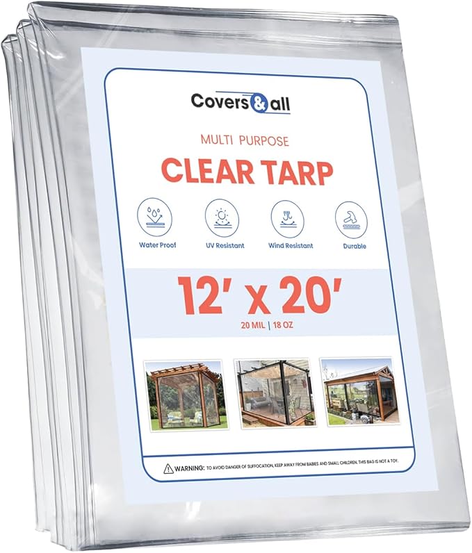 Covers & all Clear Tarp Heavy Duty Waterproof, 20mil Clear Tarp with Grommets, Outdoor Tarp for Patio Covers, Porch Screens, Greenhouses, Chicken Coop (12' H x 20' W Feet), Indoor or Outdoor Use
