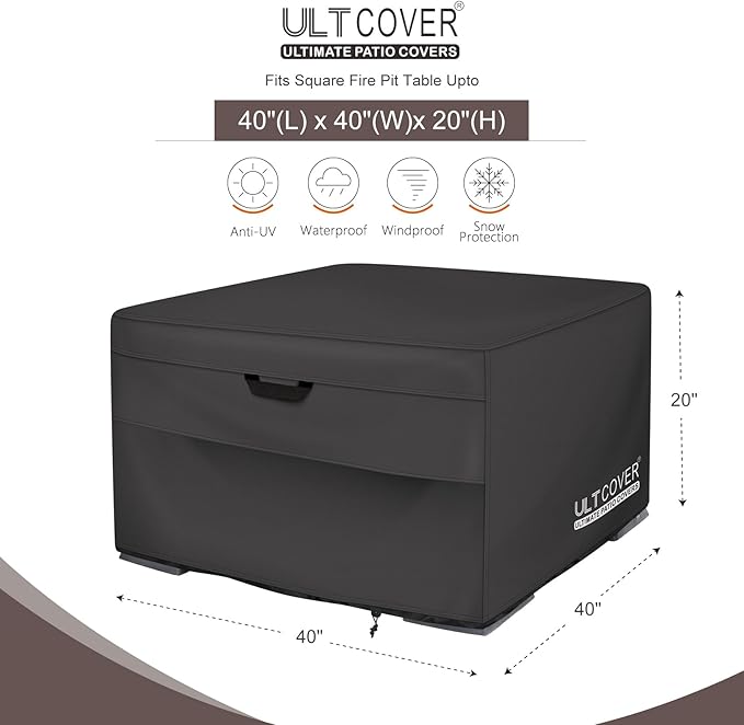 ULTCOVER Patio Fire Pit Table Cover Square 40 inch Outdoor Waterproof Fire Bowl Cover, Black