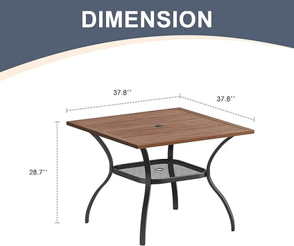 VICLLAX Patio Dining Table for 4 Square Metal Outdoor Table with Umbrella Hole and Storage Shelf for Garden Lawn Balcony Deck, Walnut