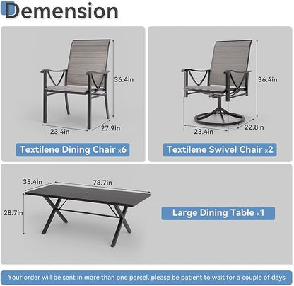 Kurapika 9-Piece Patio Dining Set, Outdoor Large Table with Umbrella Hole, 6 Stationary Chairs and 2 Swivel/Rocking Chairs, Patio Furniture Set for Garden, Deck, Porch, Pool All Weather, Brown