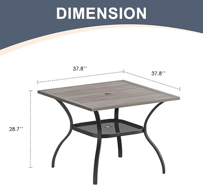 VICLLAX Patio Dining Table for 4 Square Metal Outdoor Table with Umbrella Hole and Storage Shelf for Garden Lawn Balcony Deck, Grey