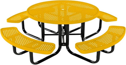COATEDOUTDOORFURNITURE Heavy-Duty Portable Outdoor Kids Table with Umbrella Hole, Punched Steel Kids Picnic Table, Commercial-Grade, Made in America (46 in, Round, Childrens, Yellow)