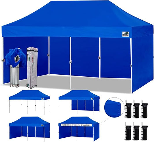 Eurmax USA 10'x20' Pop-up Canopy Tent Commercial Instant Canopies with 4 Removable Zipper End Side Walls and Roller Bag, Bonus 6 SandBags(Blue)