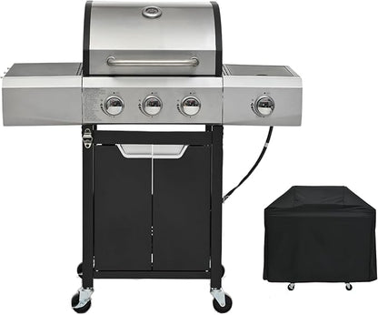 3 Burner Propane Gas Grill with Side Burner & Cover, Stainless Steel BBQ Grill, 40500 BTU Outdoor Gas Grill for Backyard, Patio, Camping & Outdoor Cooking