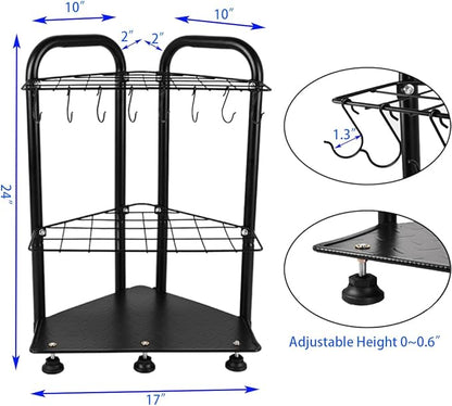 Garden Tool Organizer Rack, Garage Yard Tool Storage and Organization,2-Tier Metal Stand with Hooks, Black
