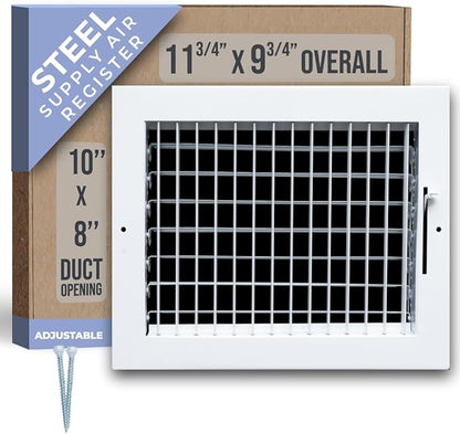 Fits 10x8 Duct Opening Steel Adjustable Air Supply Grille by Handua | Register Vent Cover Grill for Sidewall and Ceiling | White | Outer Dimensions: 11.75" X 9.75"