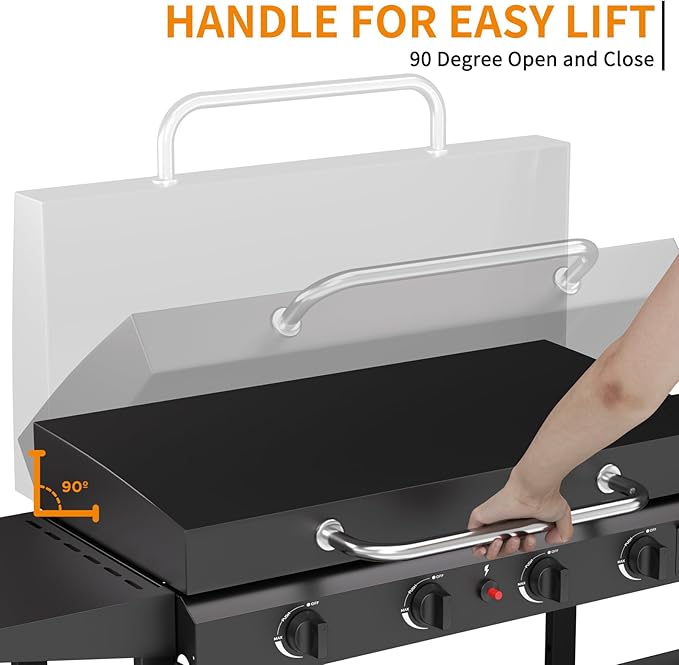 4 Burner BBQ Gas Griddle with Hood, 30 Inch Stainless Steel Portable Detachable Propane Griddle, 60,000 BTU Flat Top Grill with Side Shelves for Camping, Black