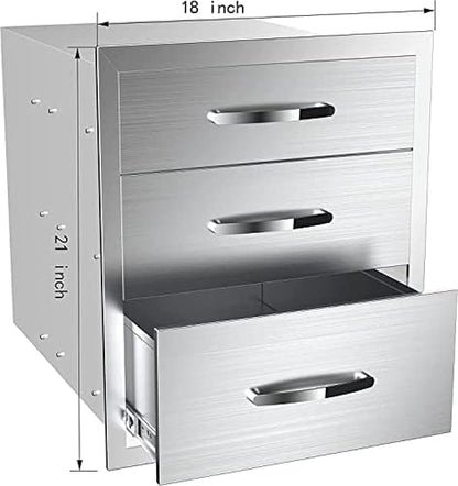 BBQ Outdoor Kitchen Drawers Stainless Steel 3-Drawer Enclosed Built-in Flush Mount for Outdoor Kitchens & BBQ Islands, 18Wx23Dx21H