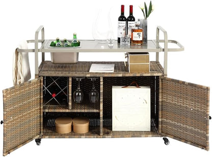 Outdoor Table, Wicker Cart with Cabinet, Patio Serving Cart with Steel Top, Lockable Wheels, Side Basket for Garden, Poolside & Backyard, Beige