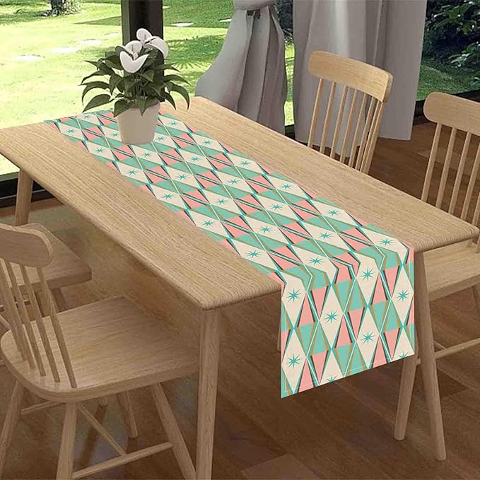 Geometric Table Runner, Retro Mid Century 1950s Modern Abstract Teal Pink Checkboard Coffee Table Center Decor for Home Kitchen Dining Patio Holiday Party Table Decorations, 13"x36" Inch