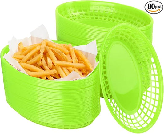 80 Pcs 9 x 5.7 Inch Reusable Oval Fast Food Baskets, Sturdy Plastic Serving Baskets for Fast Food, Parties, Picnics, BBQs and Snacks, by KUKLIPJIM.(Green)