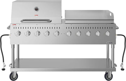 72 in. 10-Burner Commercial Outdoor Propane Gas Grill With 36 in. Roll Dome Cover and 36 in. Griddle in Stainless-Steel, ETL Listed (CGKIT7-D36G36)
