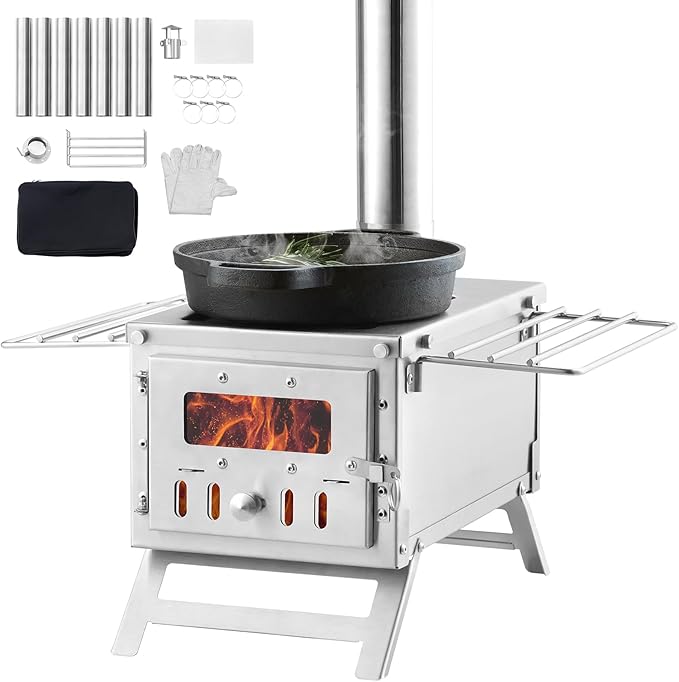 VEVOR Camping Wood Stove Stainless Steel Camping Tent Stove, Portable Wood Burning Stove with Chimney Pipes & Gloves, 700in³Firebox Hot Tent Stove for Outdoor Cooking and Heating with 8 Pipes