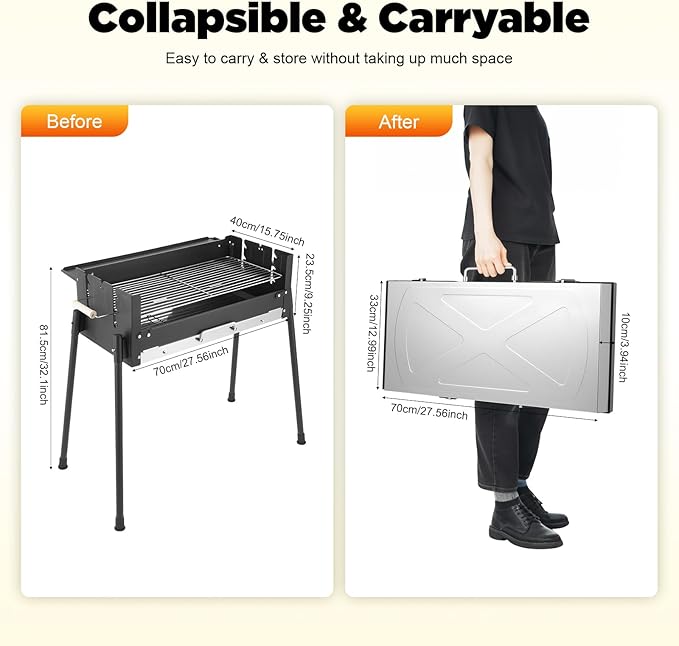 Portable Charcoal Grill, Folding BBQ Barbecue Grill, 27.56" Kebab Grill, Outdoor Cooking Grill, Yakitori Grills Tool Kits for Camping Hiking Picnics Backyard Garden Travel Parties