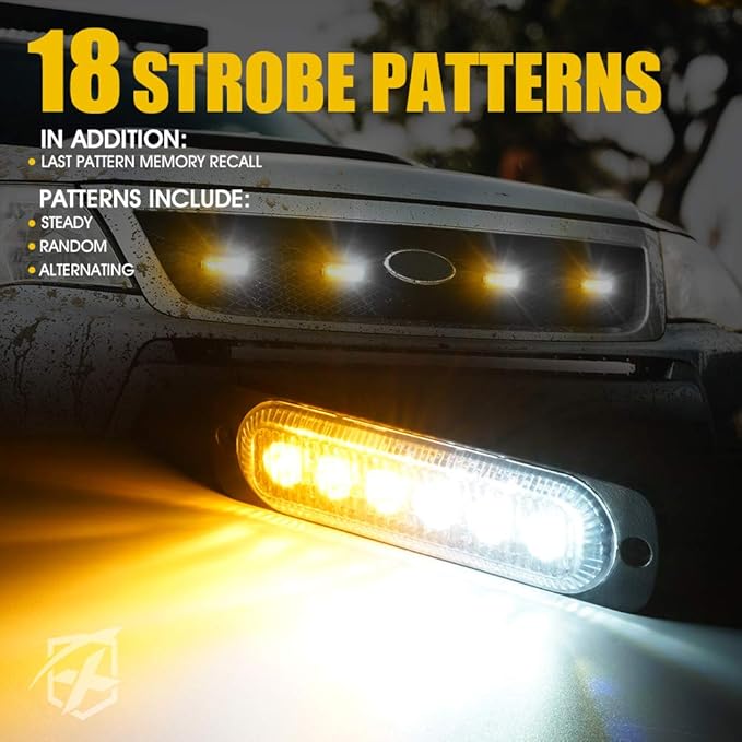 Xprite 8PCS LED Emergency Strobe Lights, Amber White 12-LED Surface Mount Flashing Strobe Lights, Sync Feature Ultra Slim Grill Light for Off-Road Vehicles ATV SUV Trucks Cars