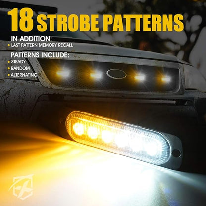 Xprite 8PCS LED Emergency Strobe Lights, Amber White 12-LED Surface Mount Flashing Strobe Lights, Sync Feature Ultra Slim Grill Light for Off-Road Vehicles ATV SUV Trucks Cars