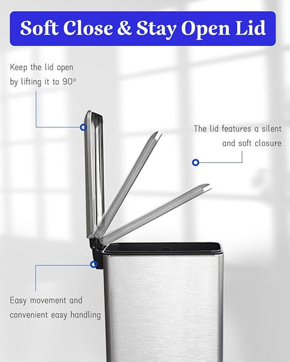 Rubbish Bin with Lid, 10 L, Stainless Steel Waste Bin, Bathroom, Pedal Bin, Stainless Steel for Bathroom, Bedroom and Office