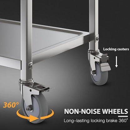 Heavy Duty Stainless Steel Utility cart，Industrial Serving cart with Wheels, 3 Shelf 360°Rotation Storage Trolley with Locking Wheels 500 lbs Capacity，1MM Thick 33.5 * 17.4 * 35.4' L*W*H.