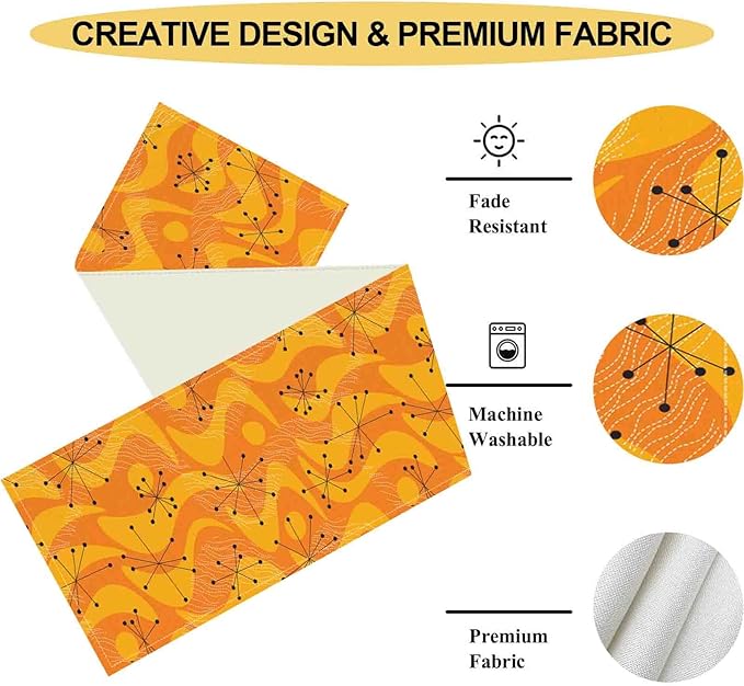 70s Table Runner, Retro Orange Wave Mid Century Atomic Print Abstract Hippie Coffee Table Center Decor for Home Kitchen Dining Patio Holiday Party Indoor Outdoor Table Decorations, 13"x72" Inch