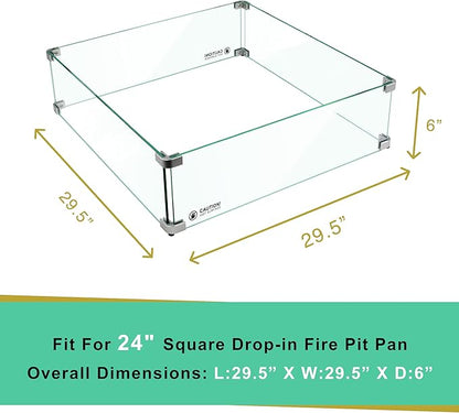 Holy Fire 29.5" L x 29.5" x 6" Square Fire Pit Glass Wind Guard Clear Tempered Glass Flame Protective Pane Wind Resistant - Fits 24” Square Fire Pit Burner Pan