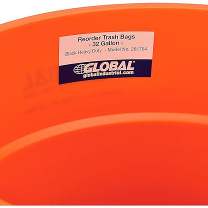 Global Industrial Commercial Round Trash Can, 32 Gallon Capacity, Plastic Garbage Can, Indoor and Outdoor Utility Trash Can, Bright Orange, 21-3/4"W x 27-1/2"H, No Lid