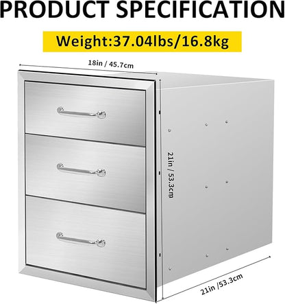 Outdoor Kitchen Drawers 18" W x 21" H x 21" D Flush Mount Triple BBQ Drawers with Chrome Handle Stainless Steel Drawer for Outdoor Kitchen Island, Patio Grill Station