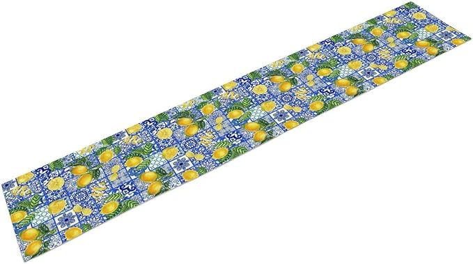 Tiles Lemon Table Runner Blue White Yellow Vintage Rustic Summer Fruit Chic Farmhouse Dining Table Decoration for Home Holiday Party Dresser Kitchen Cabin Restaurant Wedding Decor 13×120in