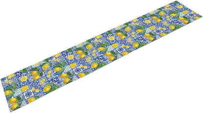 Tiles Lemon Table Runner Blue White Yellow Vintage Rustic Summer Fruit Chic Farmhouse Dining Table Decoration for Home Holiday Party Dresser Kitchen Cabin Restaurant Wedding Decor 13×120in