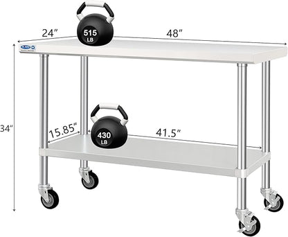 HARDURA Stainless Steel Table with Wheels 24 x 48 Inches Kitchen Prep Table Heavy Duty Stainless Steel Workbench with Aluminium Corner Undershelf NSF 304 Metel Table for Commercial Restaurant