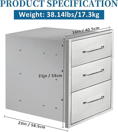 Outdoor Kitchen Drawers 16"Wx21"Hx23"D Flush Mount Access 3-Drawer BBQ Stainless Steel Drawers with Handle for Outdoor Kitchen Island or Grill Station