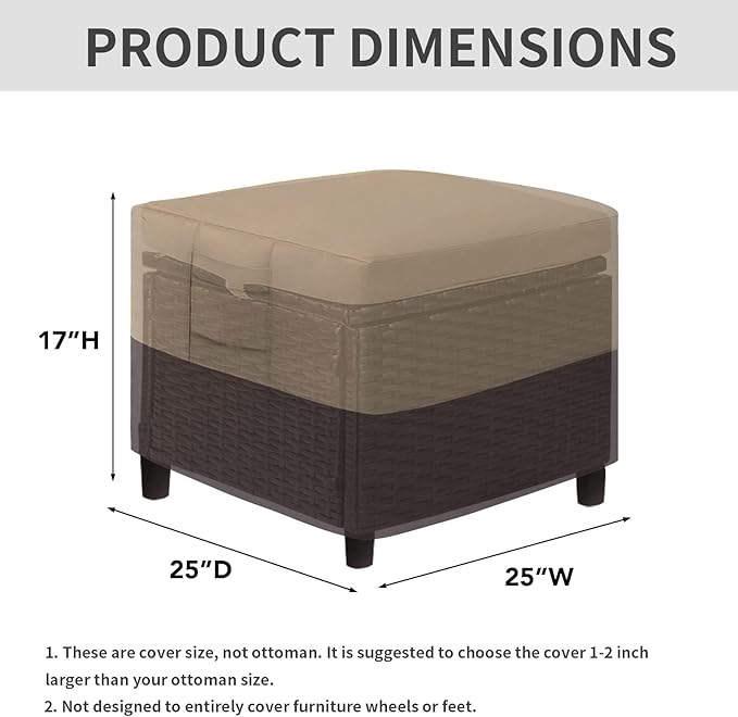 Easy-Going Outdoor Ottoman Cover, Waterproof Patio Ottoman Cover, Heavy Duty Outdoor Furniture Cover with Padded Handles (1 Pack-25"x25"x17", Camel/Dark Brown)